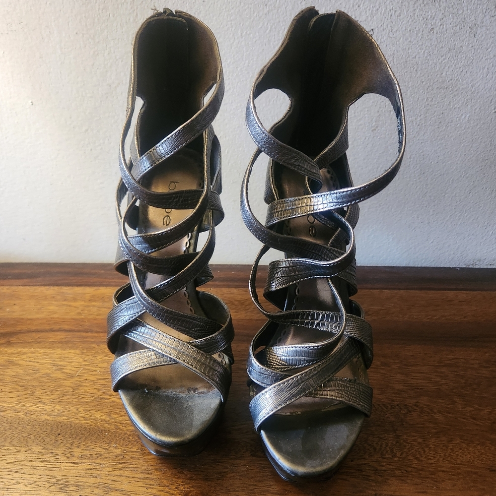 bebe | Adrianna Embossed Pewter Gladiator Heels - Picture 2 of 9